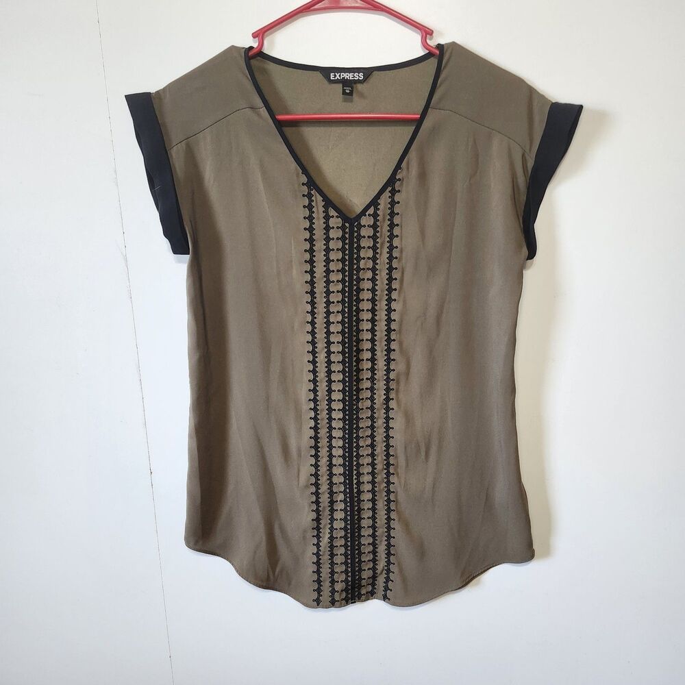 Express Olive Green Black Embroidered V-Neck Cap Sleeve Boho Blouse Top XS